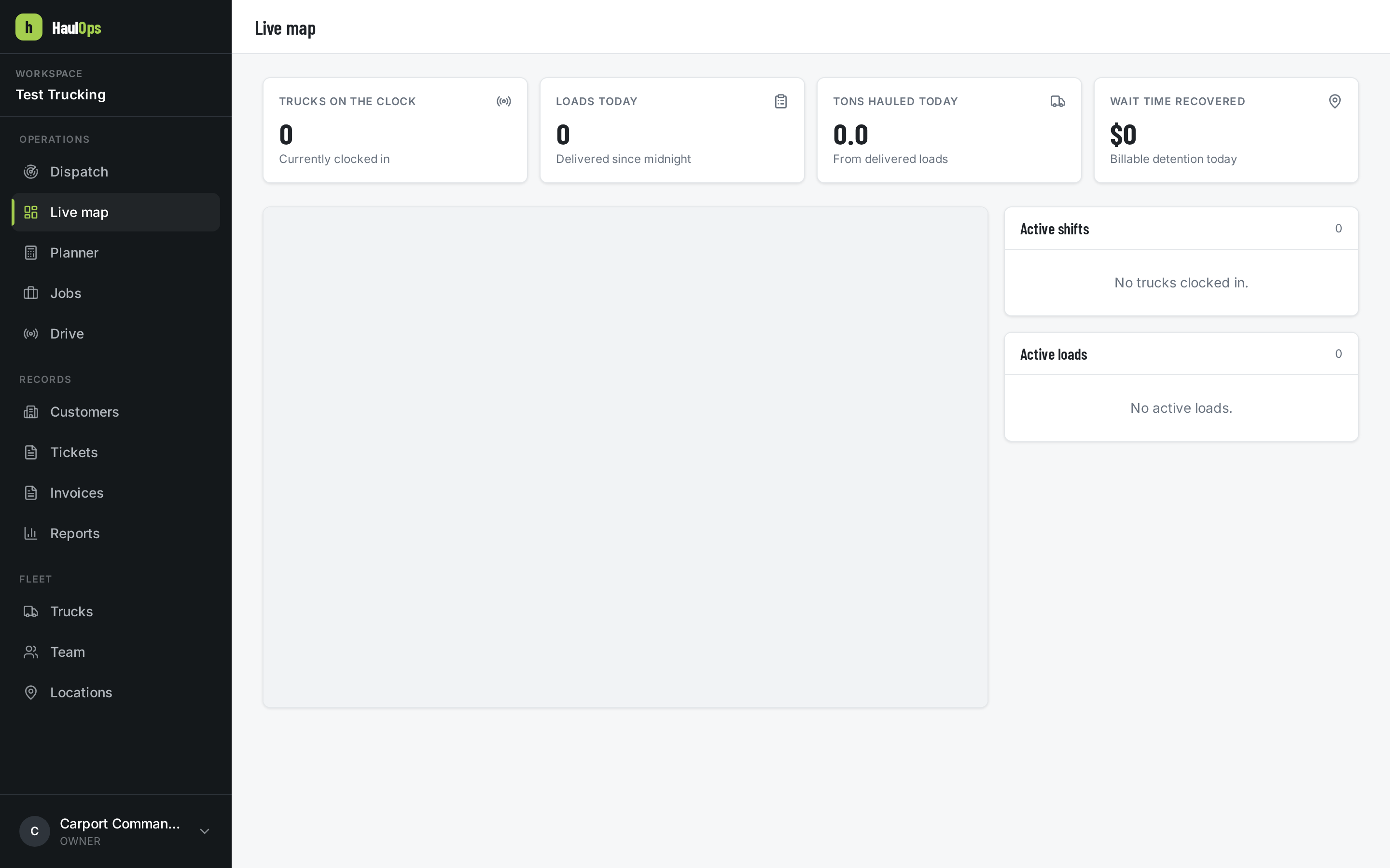 HaulOps dashboard showing live fleet KPIs